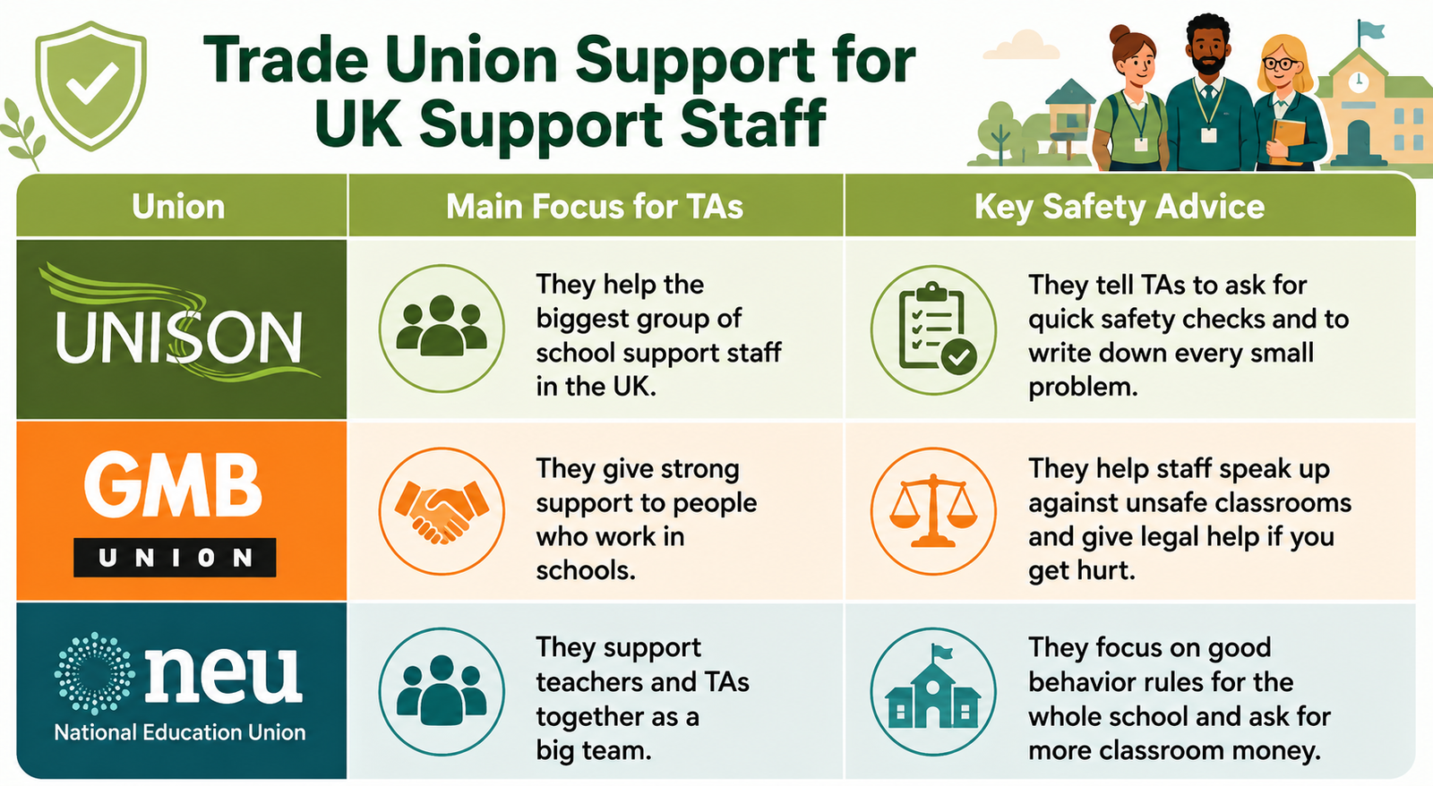 What support do major UK trade unions offer support staff